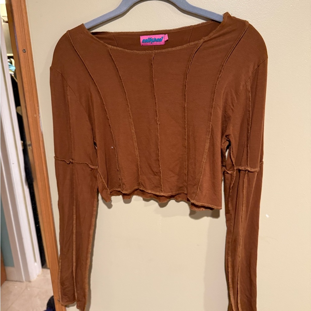 Edikted Brown Ribbed Long Sleeve Crop Blouse